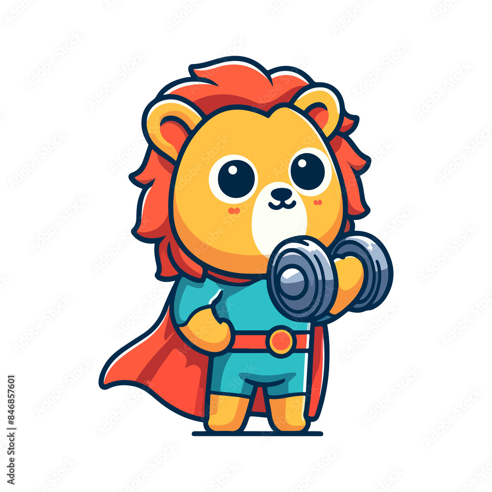 Fototapeta premium cute lion hero lifting barbell icon character