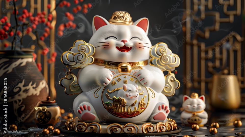 Obraz premium Lucky cat, with some small clouds and fish on its background, it has gold ingots around it to symbolize wealth, on black background