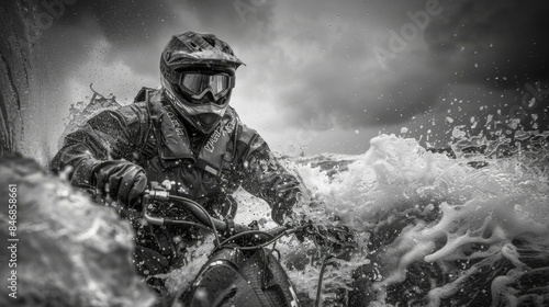 A man wearing a helmet and goggles is riding a motorcycle through the ocean waves. He is surrounded by water and appears to be enjoying the thrill of the ride.