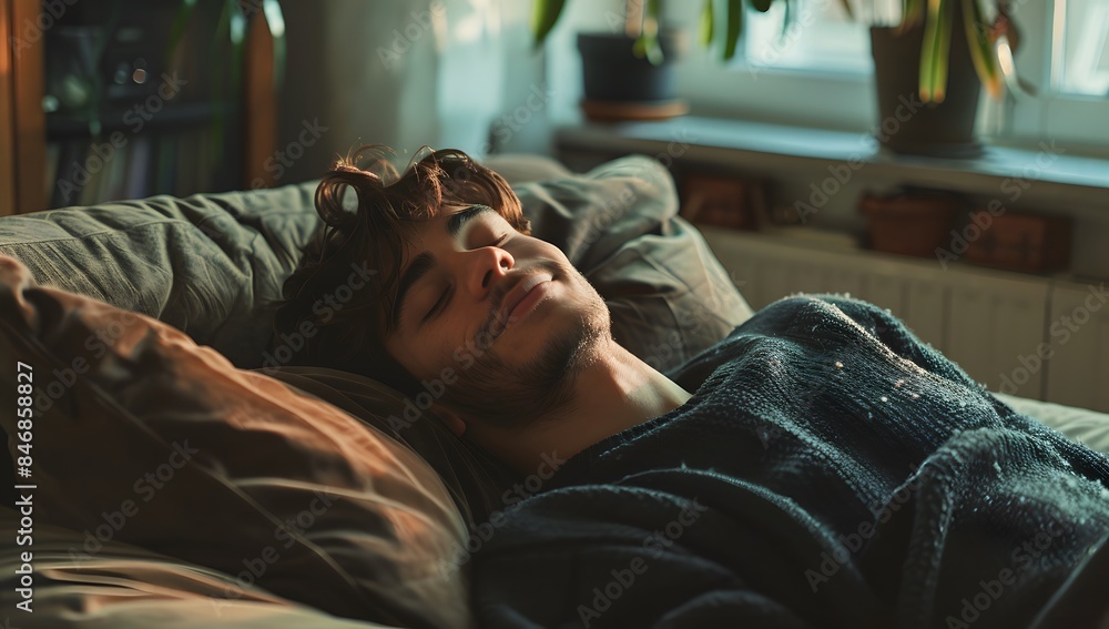 Fototapeta premium Young man relaxing at home, enjoying a comfortable lifestyle in the living room on a sofa with his eyes closed and a smiling face