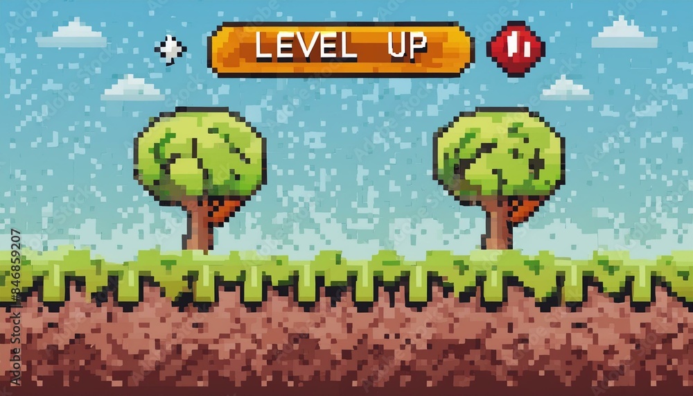 Retro style pixel art game background with level up button Stock ...