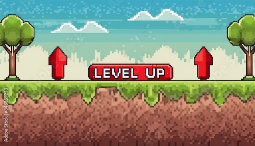 Retro style pixel art game background with level up button