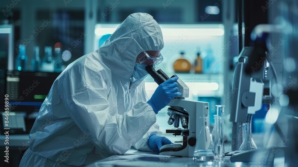 Researcher in protective suit, intensely focused on a microscope, within a state-of-the-art laboratory filled with advanced scientific instruments Researcher in protective suit, intensely focused on a microscope, within a state-of-the-art laboratory filled with advanced scientific instruments