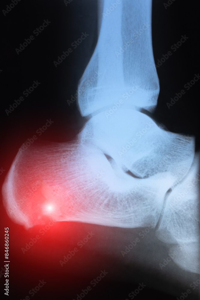 Vertical X-ray scan of Calcaneus.or heel bone destruction. Bone of the tarsus of the foot. Medical treatment concept. Diagnosis of the disease humans bones. Vertical X-ray scan of Calcaneus.or heel bone destruction. Bone of the tarsus of the foot. Medical treatment concept. Diagnosis of the disease humans bones.