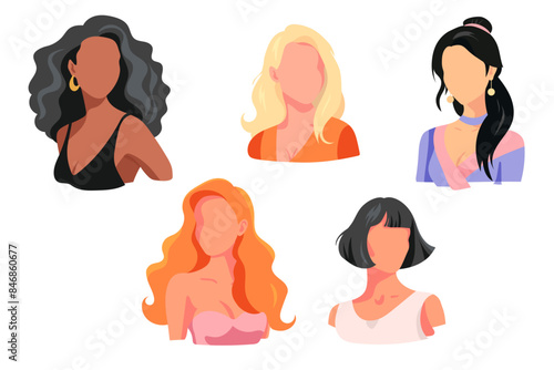 Vector graphics, female diversity, beautiful girls without face, portraits set.