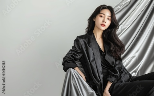 Elegant fashion model with a perfect body wearing a casual black silk jacket and pants sitting gracefully on luxurious silver fabric photo