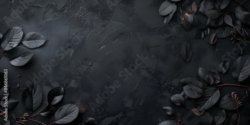 Black frame with delicate leaves on dark background suitable for somber themes. Concept Dark Aesthetics, Minimalist Design, Decorative Leaves, Black Frame, Somber Themes