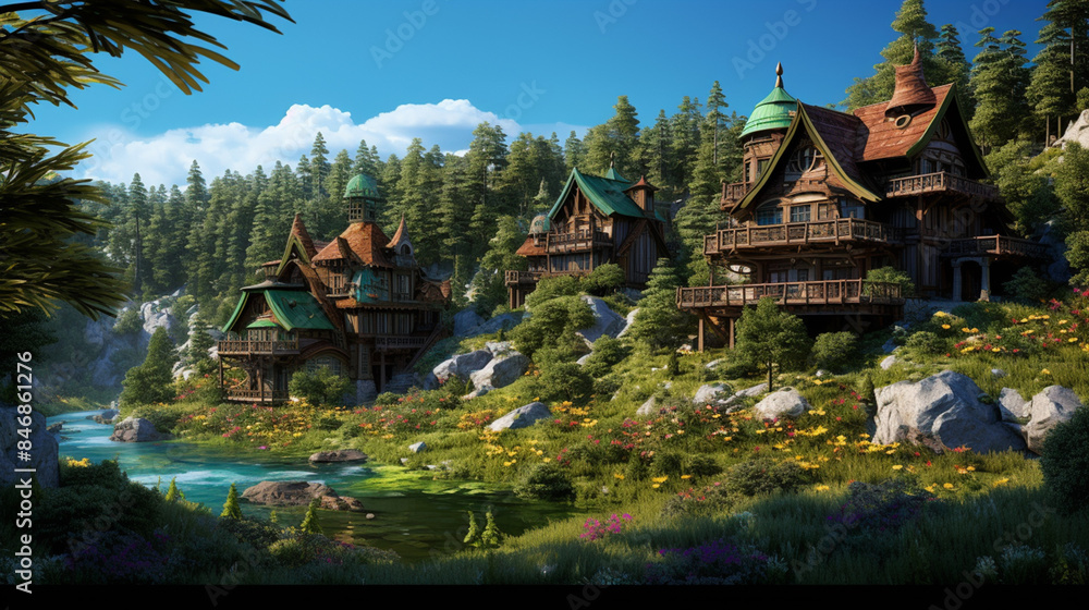 Obraz premium Wooden eco country houses in pinery forest Hypn background