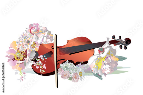 Musical design with a violin decorated with summer and spring flowers, notes, birds. Light and relax music. Hand drawn vector illustration.