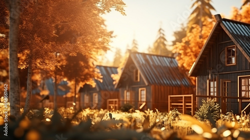 Wooden eco country houses in pinery forest Hypn background