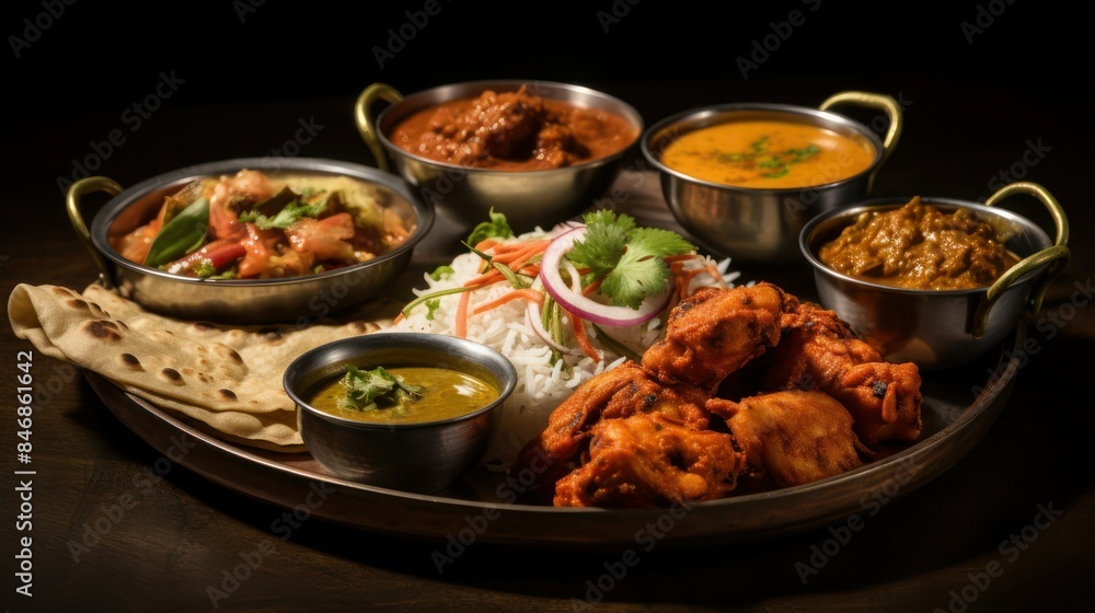 Indian traditional thali. Set with rice, chapati, dhal, palak paneer, curry in bowls on an iron platter on a black background. Indian traditional thali. Set with rice, chapati, dhal, palak paneer, curry in bowls on an iron platter on a black background.