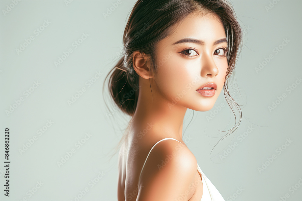 beautiful, cute woman, take care of her nails, beauty, white backdrop, portrait of looking straight into the camera,  white bright background