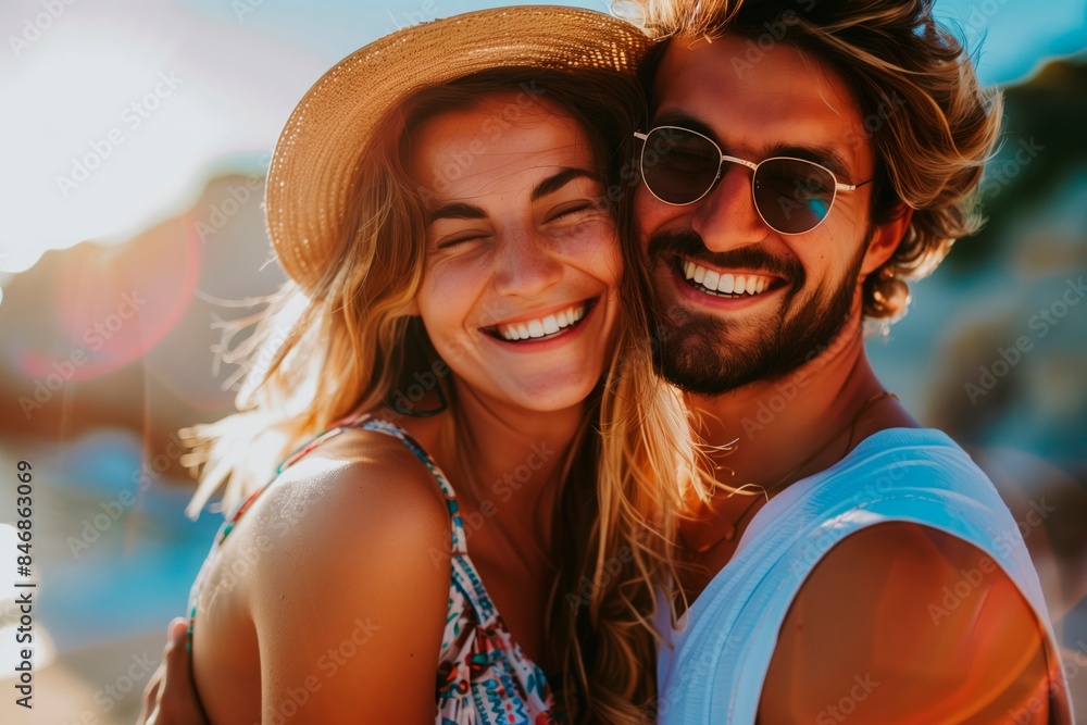 Young couple looking straight to the camera. Smiling. Heads together. Summer season Young couple looking straight to the camera. Smiling. Heads together. Summer season