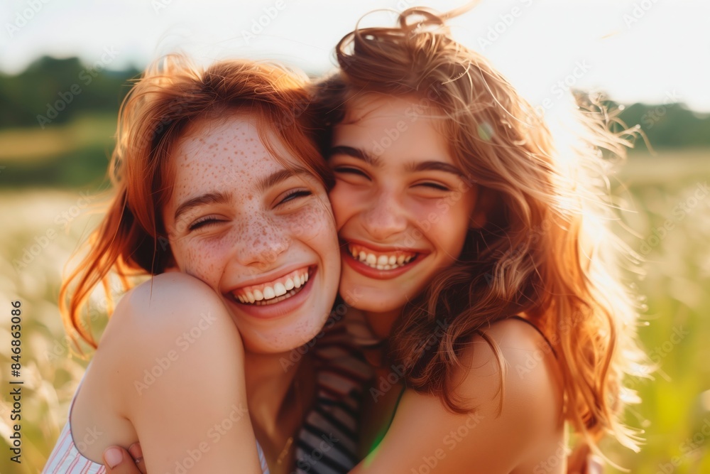 Young girls hugging. Smiles. Together. Outdoors scene. Sunshine Young girls hugging. Smiles. Together. Outdoors scene. Sunshine