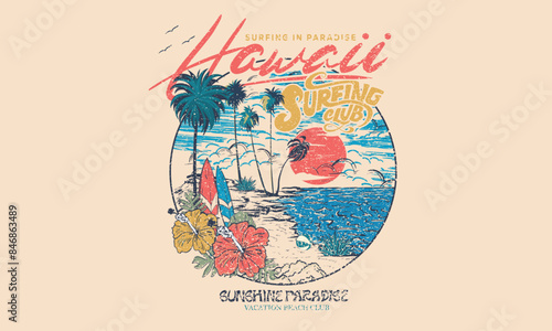 Palm beach club. Happiness comes in wave. Surf club. Summer vector graphic design for apparel, stickers, posters, background and others.