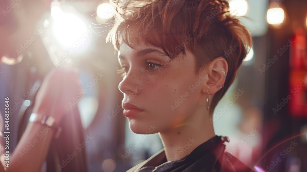 A woman with short, choppy hair sits at a table in a dimly lit bar. She has a thoughtful expression on her face. A woman with short, choppy hair sits at a table in a dimly lit bar. She has a thoughtful expression on her face.