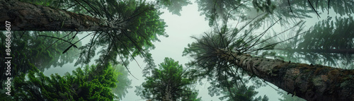 Majestic View of Towering Forest Trees in a Misty Woodland Captured from Below, Showcasing the Serenity and Natural Beauty of a Foggy Wilderness Morning