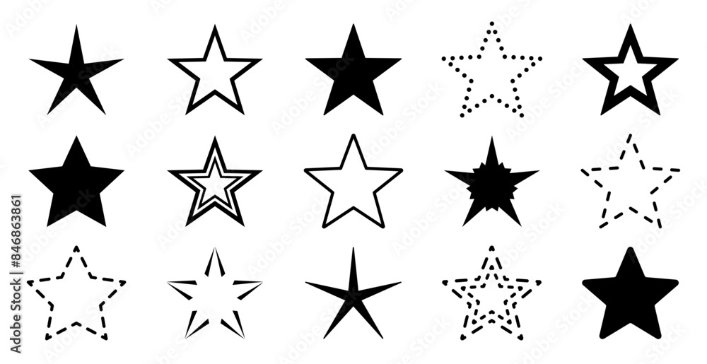 Collection of black vector stars in various styles for logo designs, icons, and decorations - Outline, flat, dashed line, and abstract stars - Set of stars isolated on a white background Collection of black vector stars in various styles for logo designs, icons, and decorations - Outline, flat, dashed line, and abstract stars - Set of stars isolated on a white background