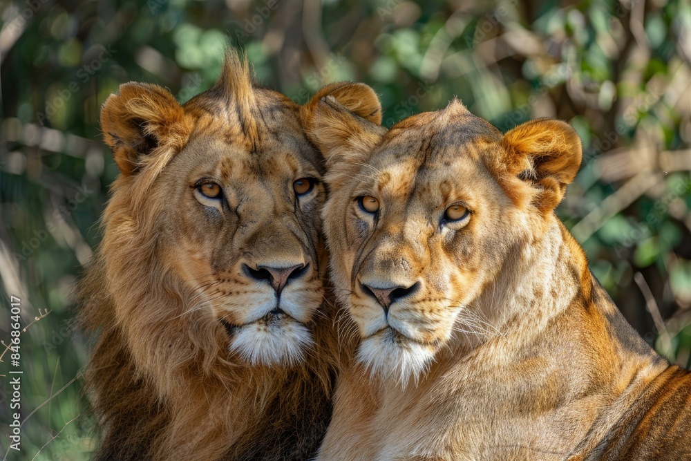 Intimate portrait of a pair of lions displaying affection, set against a blurred natural background Intimate portrait of a pair of lions displaying affection, set against a blurred natural background