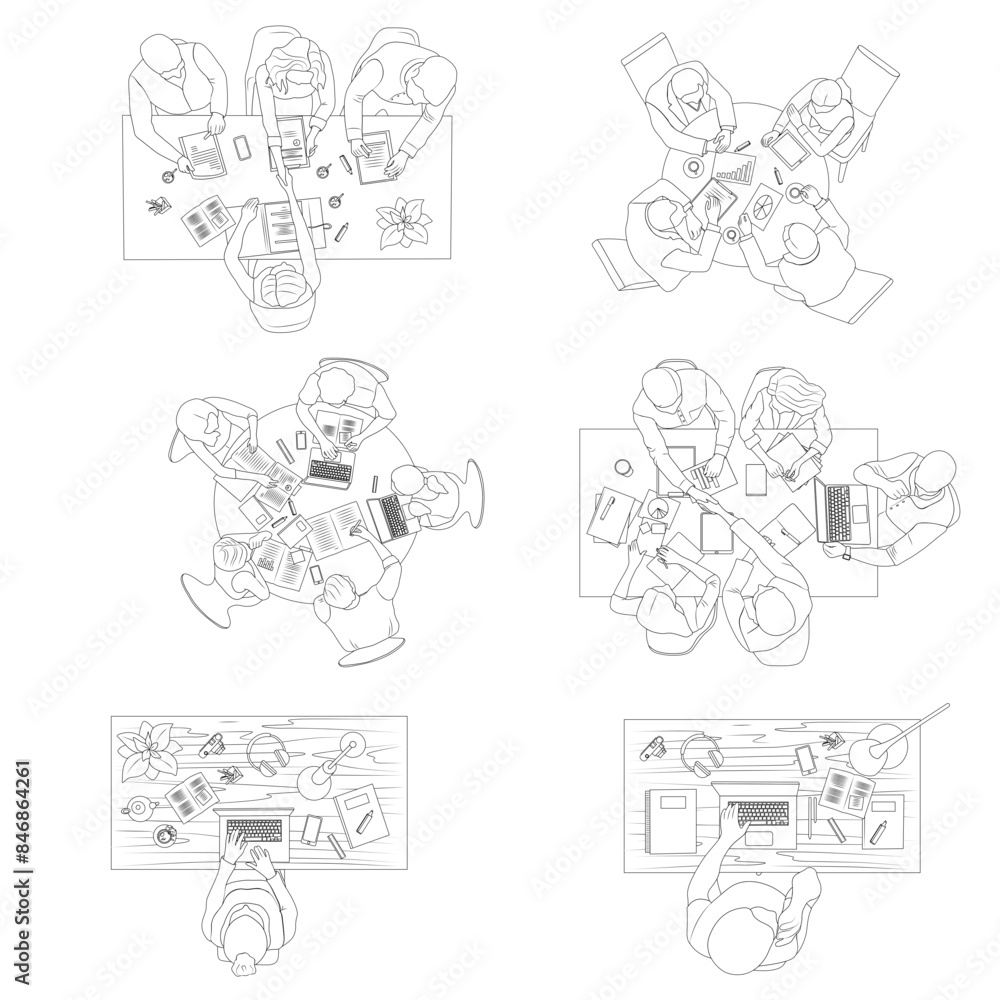 Office table top view set. People build business, study to teamwork, discuss report, sitting around desk together. Brainstorming, communication in groups. Flat isolated vector illustration on white Office table top view set. People build business, study to teamwork, discuss report, sitting around desk together. Brainstorming, communication in groups. Flat isolated vector illustration on white