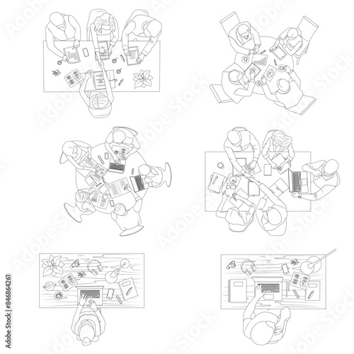 Office table top view set. People build business, study to teamwork, discuss report, sitting around desk together. Brainstorming, communication in groups. Flat isolated vector illustration on white