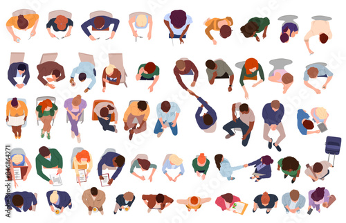 Sitting people top view. People sit on different chairs with laptops, books and phones. Men and women at a table eating, talking. business table.. Vector guys and girls on seats set