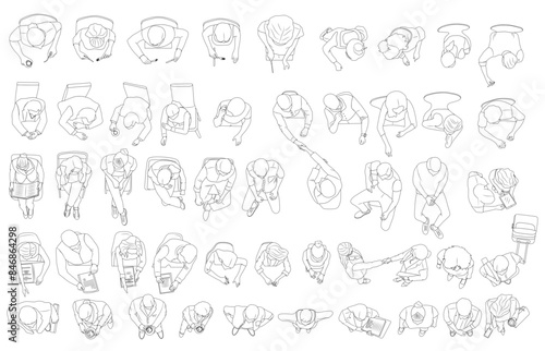 Sitting people top view. People sit on different chairs with laptops, books and phones. Men and women at a table eating, talking. business table.. Vector guys and girls on seats set
