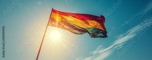 Guinea flag flying against a clear, sunny sky photo