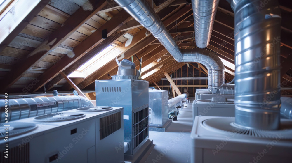 Modern Central Air Conditioning System Revealed: Ductwork and Vents in Residential Attic Modern Central Air Conditioning System Revealed: Ductwork and Vents in Residential Attic