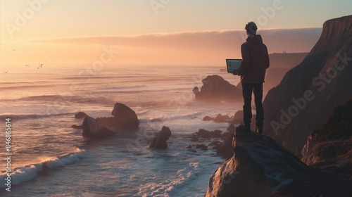 person with laptop on cliff at sunset photo