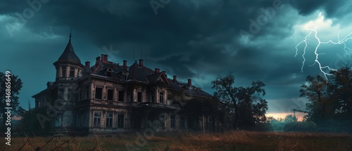 Horror scene with an abandoned mansion, stormy skies, and roaring thunder
