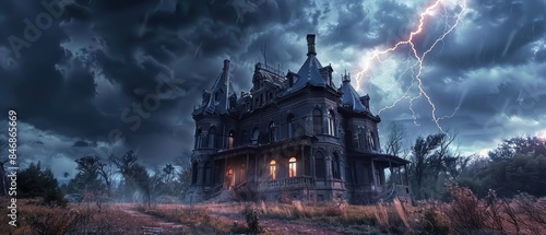 Horror scene with an abandoned mansion, stormy skies, and roaring thunder photo