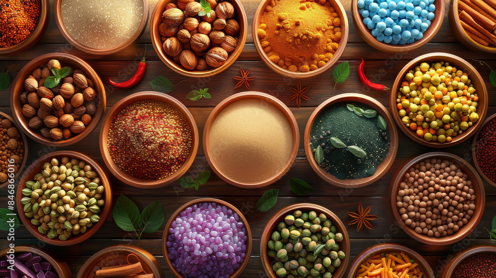 Juicy street food flat design top view Indian spices 3D render Analogous Color Scheme