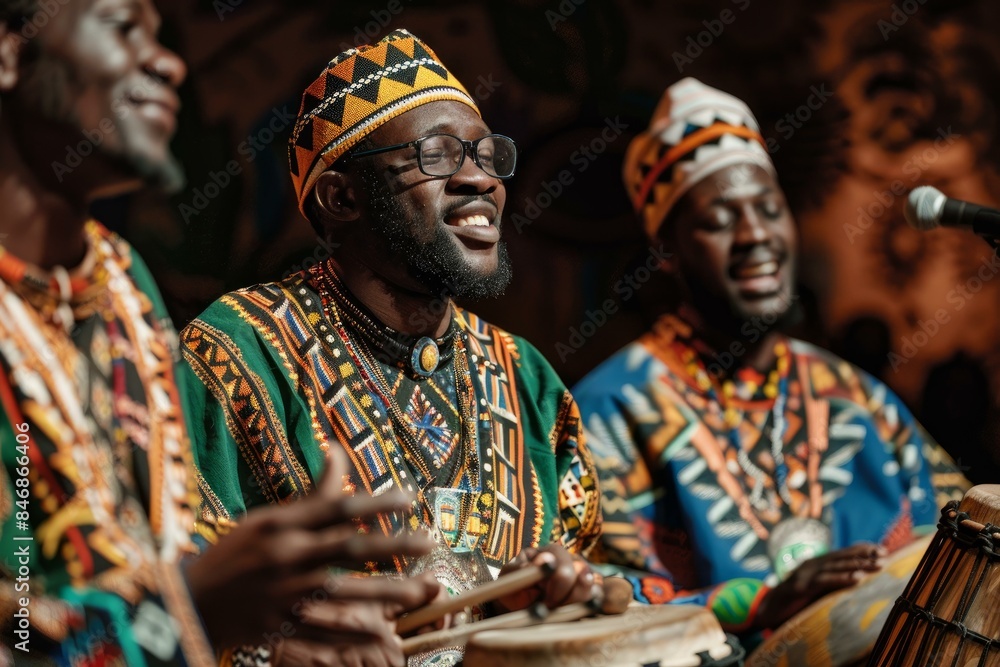 Obraz premium Energetic african musicians in traditional attire play drums with joy and enthusiasm