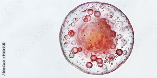 Closeup image of a human oocyte with surrounding follicular cells on white background. Concept Closeup Photography, Human Oocyte, Follicular Cells, White Background