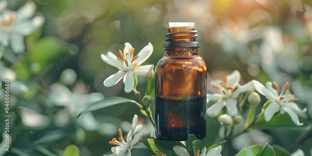 Essential oil bottle with neroli flower background for aromatherapy massage. Concept Aromatherapy Massage, Essential Oil Bottle, Neroli Flower, Relaxation, Wellness Essential oil bottle with neroli flower background for aromatherapy massage. Concept Aromatherapy Massage, Essential Oil Bottle, Neroli Flower, Relaxation, Wellness