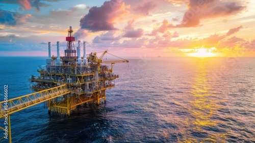 Offshore oil and gas rig platform in the ocean, industrial energy extraction