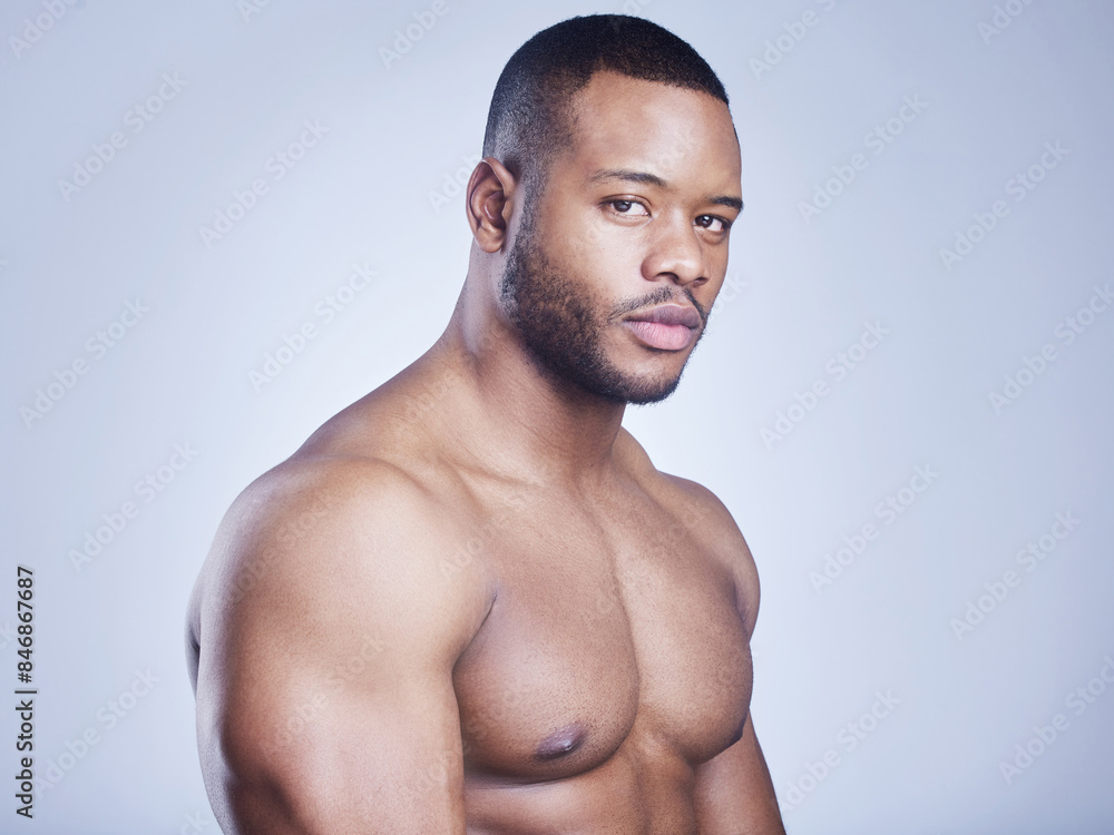 Body, portrait and black man in studio for skincare, wellness and dermatology treatment results on grey background. Masculine, beauty and face of male model with grooming, shine or self care routine Body, portrait and black man in studio for skincare, wellness and dermatology treatment results on grey background. Masculine, beauty and face of male model with grooming, shine or self care routine