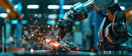 Sparks flying as a robotic arm cuts materials with laser technology in an automated factory