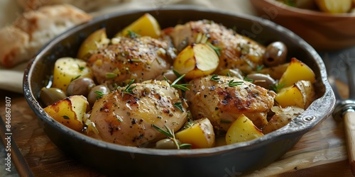 Savory Chicken Fricassee with Potatoes and Olives A Hearty Dish. Concept Cooking Techniques, Comfort Food, Mediterranean Cuisine, Rustic Dishes, Easy Weeknight Meals