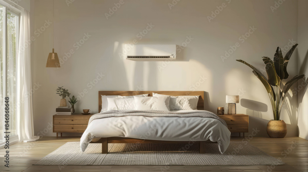 Serene Minimalist Bedroom with Wall-Mounted Air Conditioner for Comfort and Style Serene Minimalist Bedroom with Wall-Mounted Air Conditioner for Comfort and Style