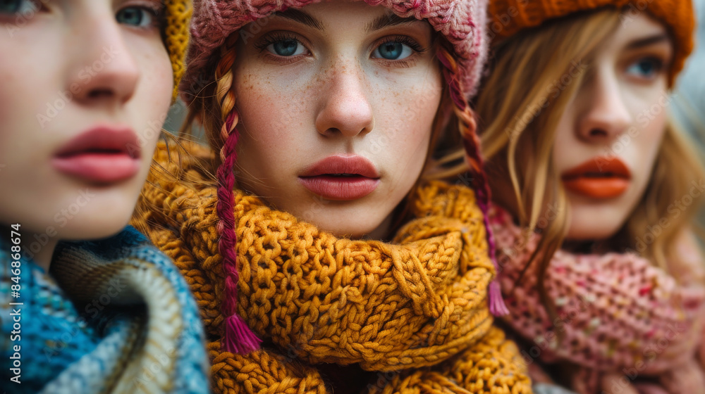 Obraz premium Three women wearing hats and scarves are posing for a photo