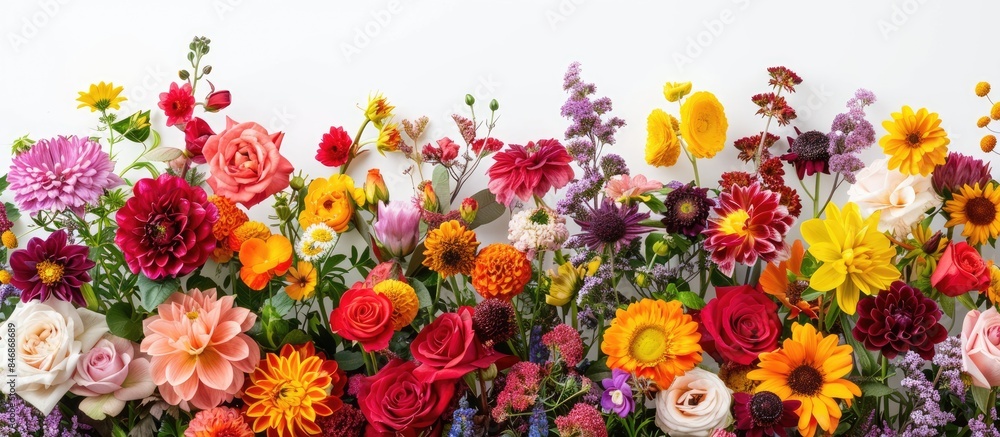 Diverse Array of Flowers in Vibrant Colors Against a White Background: Featuring roses, dahlias, marigolds, zinnias, strawflowers, sunflowers, daisies, primroses, and more wild blooms Diverse Array of Flowers in Vibrant Colors Against a White Background: Featuring roses, dahlias, marigolds, zinnias, strawflowers, sunflowers, daisies, primroses, and more wild blooms