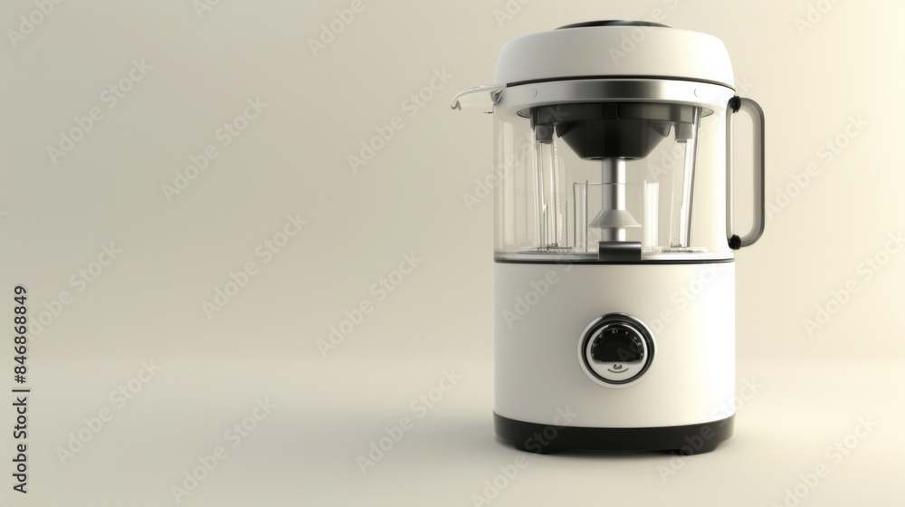 A sleek, modern electric juicer featuring a clear chamber and minimalist design on a neutral background. A sleek, modern electric juicer featuring a clear chamber and minimalist design on a neutral background.