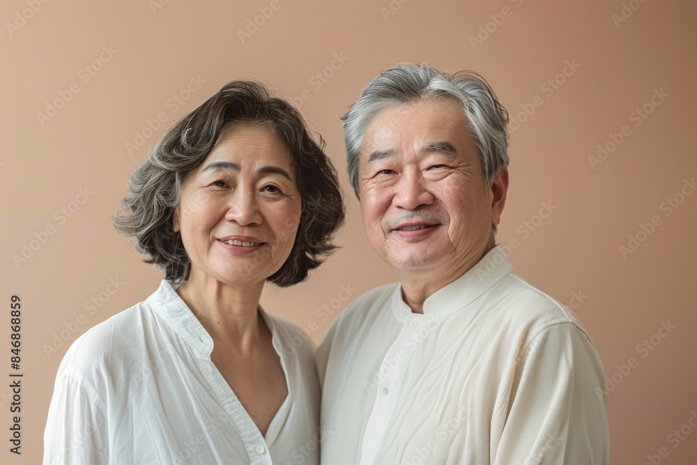 Portrait of a content couple in their 50s wearing a classic white shirt over pastel or soft colors background Portrait of a content couple in their 50s wearing a classic white shirt over pastel or soft colors background