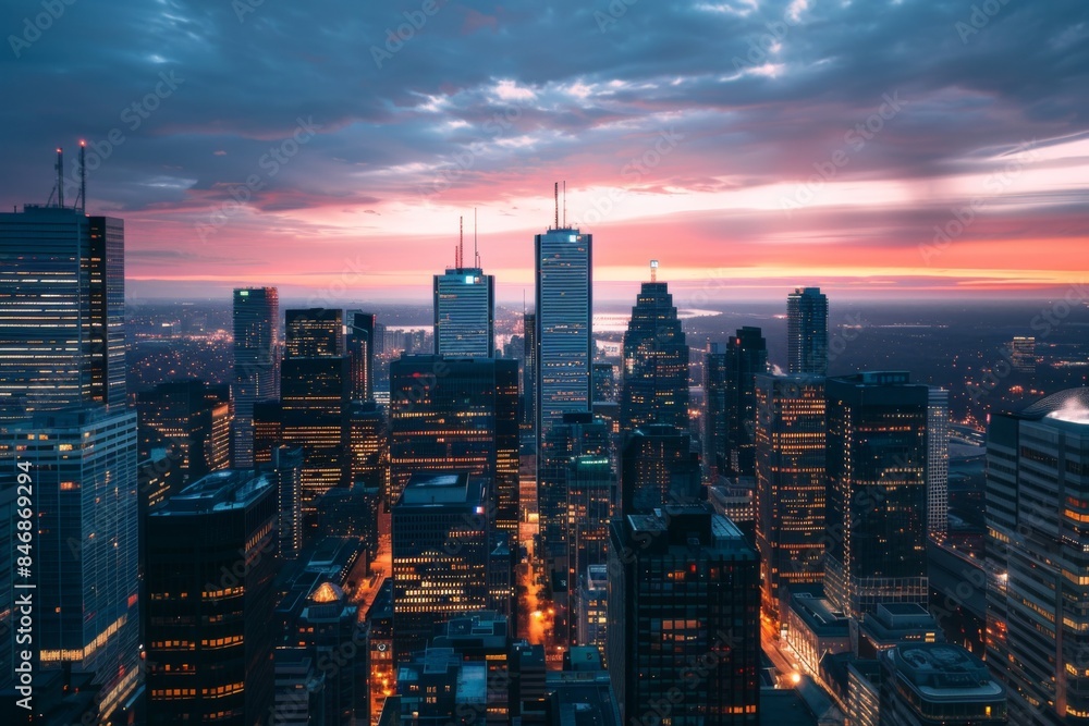 Obraz premium The skyline of a city illuminated at sunset.