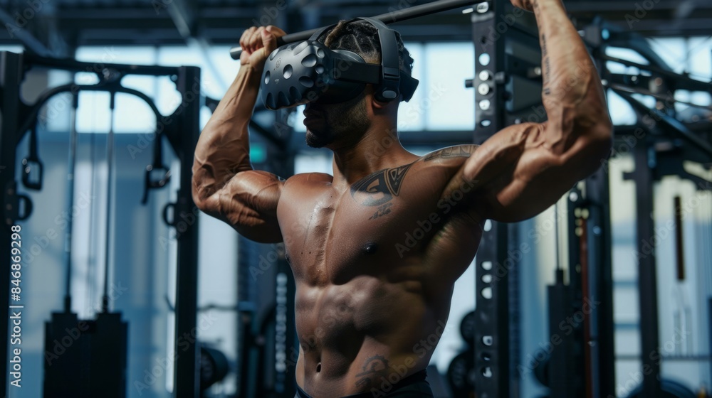 A shirtless man with visible muscles is using a VR headset while lifting weights in a gym. A shirtless man with visible muscles is using a VR headset while lifting weights in a gym.