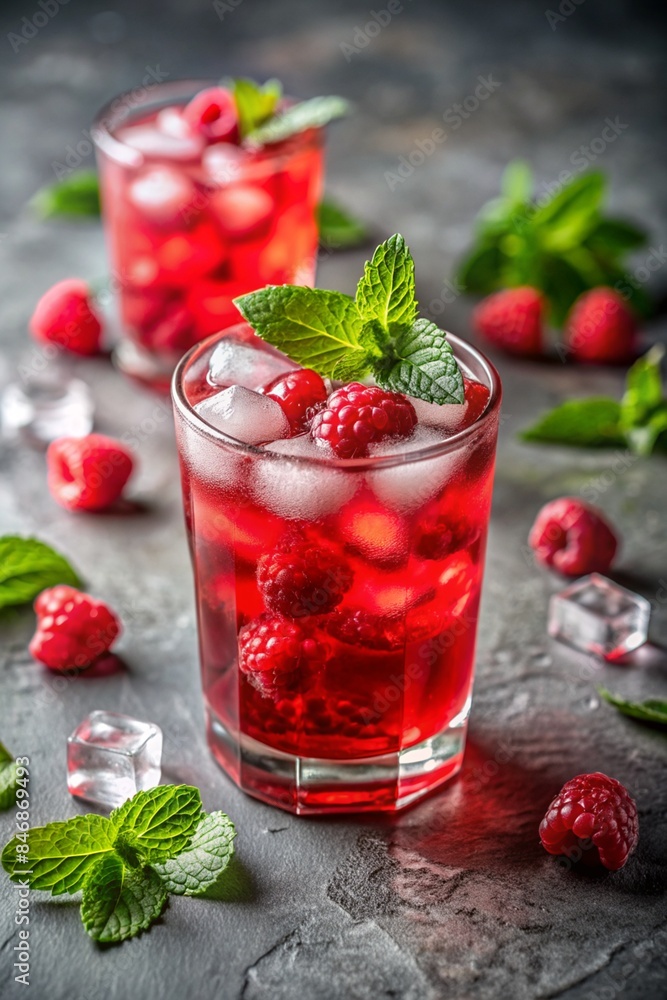 Close-up image of a refreshing red drink with ice and raspberries, garnished with a green leaf, with scattered ice pieces on a gray background Close-up image of a refreshing red drink with ice and raspberries, garnished with a green leaf, with scattered ice pieces on a gray background