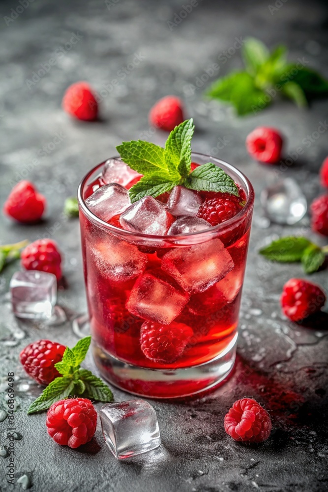 Close-up image of a refreshing red drink with ice and raspberries, garnished with a green leaf, with scattered ice pieces on a gray background Close-up image of a refreshing red drink with ice and raspberries, garnished with a green leaf, with scattered ice pieces on a gray background