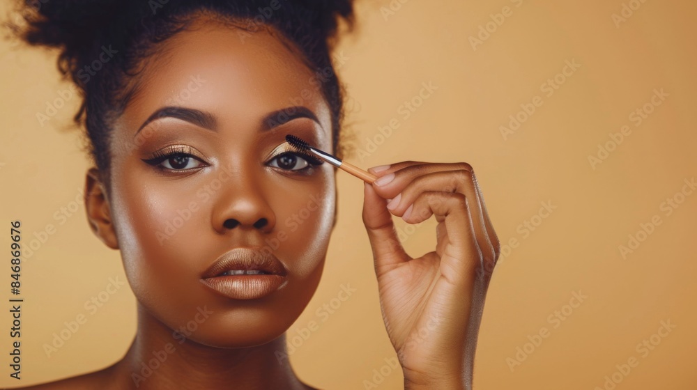 Fototapeta premium A close-up image of a woman applying eyeshadow with a brush. She is looking directly at the camera.
